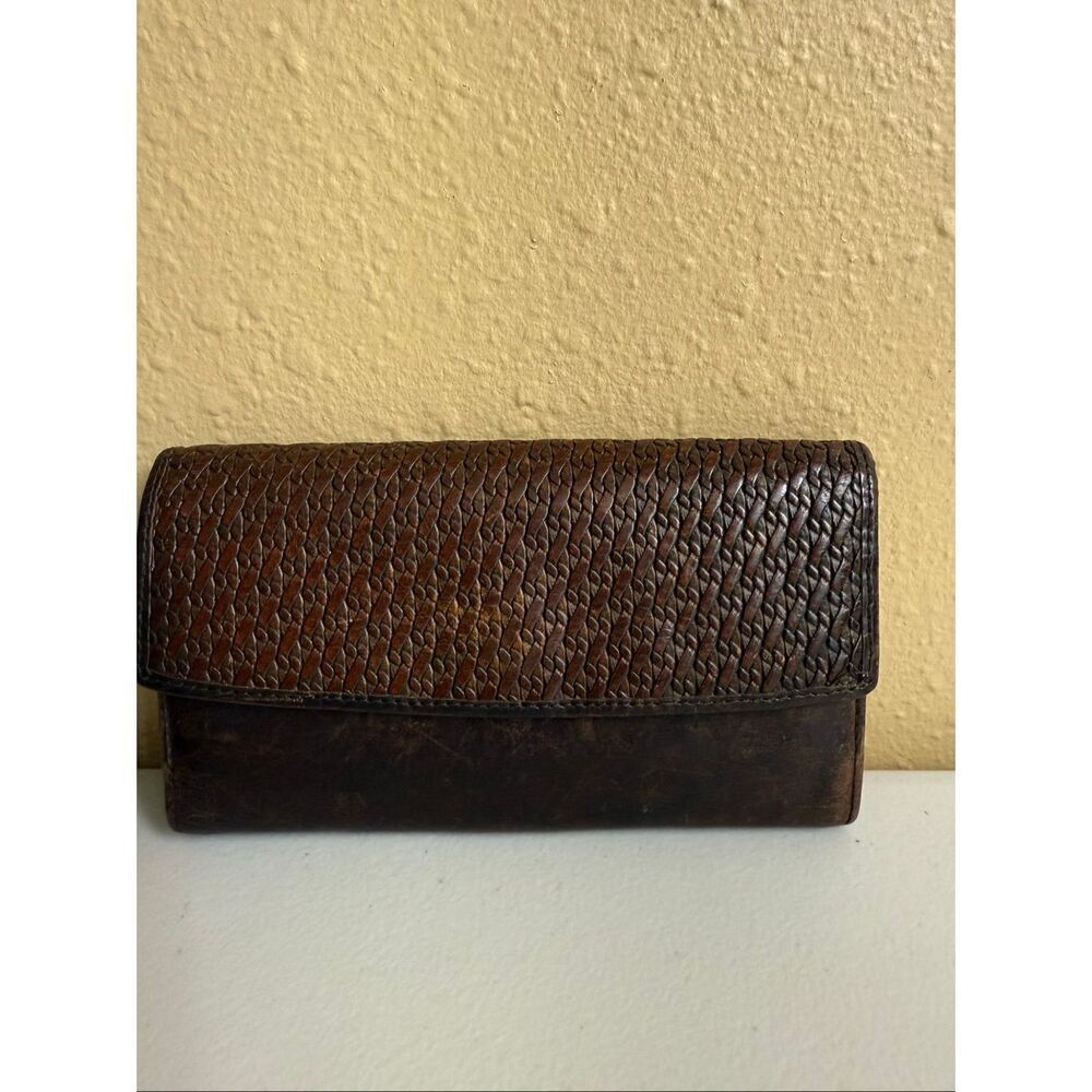 Vintage Fossil Long Wallet/Checkbook Clutch – Brown Leather, Basketweave Texture